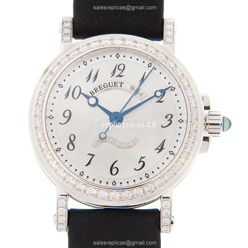 Breguet 8818BB/59/864/DD0D MARINE - Automatic - 18kt White Gold - Diamond - White Dial - Black Buckle Strap - Luxury Replica MARINE Watch