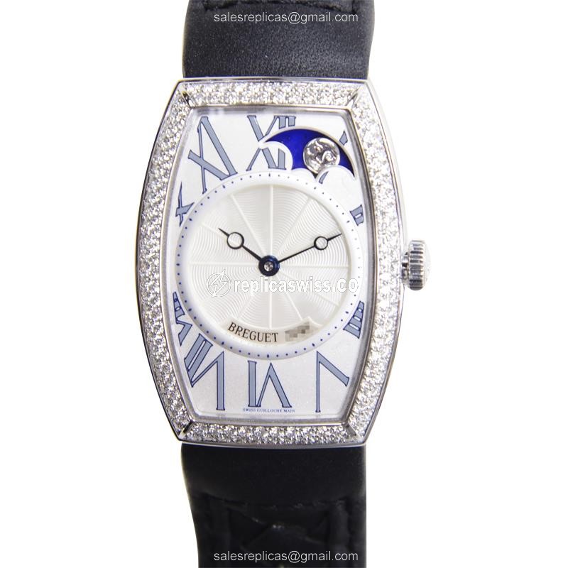 Breguet Patrimony Traditionelle Replica - 18kt White Gold - Diamond - Auto Movement - White Dial - Black Leather Strap
