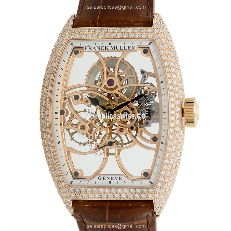 Franck Muller 8880 B S6 SQT D 5N GENEVE Quartz - 18kt Rose Gold & Diamonds - Skull Dial - Brown Alligator Strap - Buckle Clasp