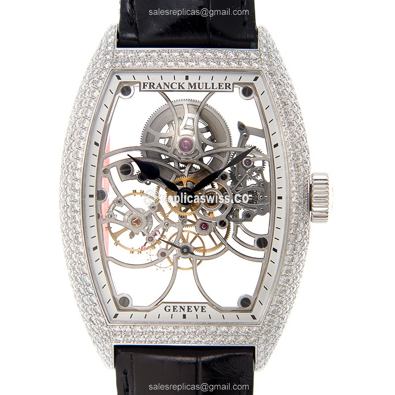 Franck Muller 8880 B S6 SQT D AC GENEVE Automatic - Skull Dial - Diamonds - Buckle Clasp - Black Alligator Strap - Luxury Replica GENEVE Watch