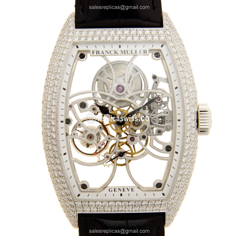 Franck Muller 8880 B S6 SQT D GENEVE Manual - 18kt White Gold - Diamond Skull Dial - Black Alligator Buckle