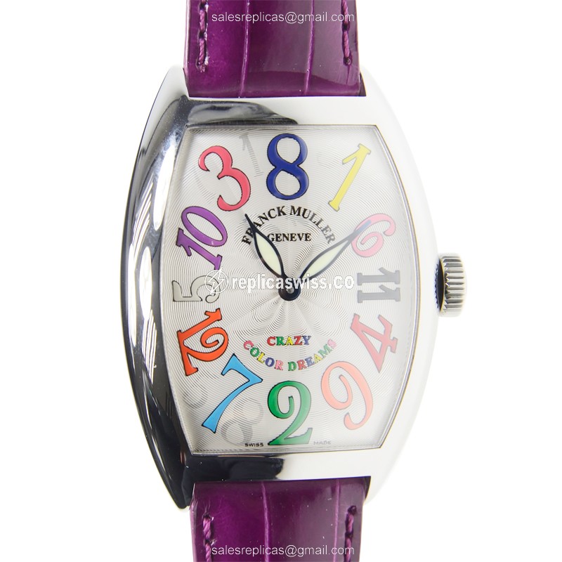 Franck Muller 8880 CH COL DRM Crazy Hours Auto Steel Silver Dial Purple Alligator Buckle - Luxury Replica CRAZY HOURS Watch