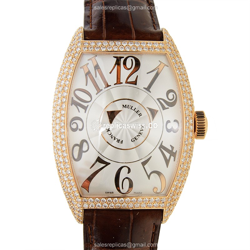 Franck Muller 8880 DM D Automatic 18kt Rose Gold Diamonds - Brown Leather Strap - Luxury Replica DOUBLE MYSTERY Watch