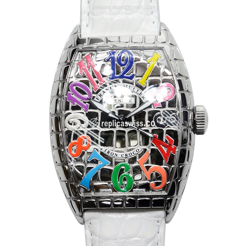 Franck Muller 8880 SC IRON CRO COL DRM AC IRON CROCO - Automatic - Steel - Silver Dial - White Leather Strap - Luxury Replica IRON CROCO Watch