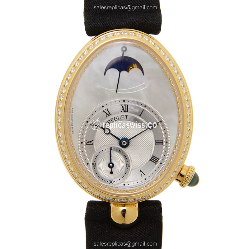 Breguet REINE DE NAPLES Replica - Automatic - 18kt Gold - Diamond - White Dial - Black Fabric Strap - Luxury Replica REINE DE NAPLES Watch