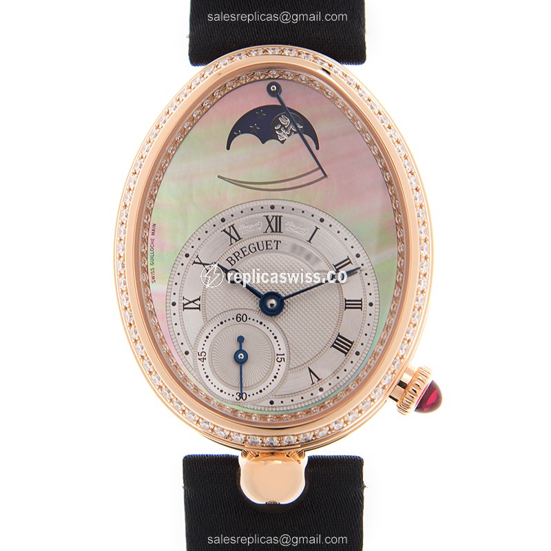 Breguet REINE DE NAPLES Replica - Auto - 18kt Rose Gold - Diamonds - White Dial - Silk Strap