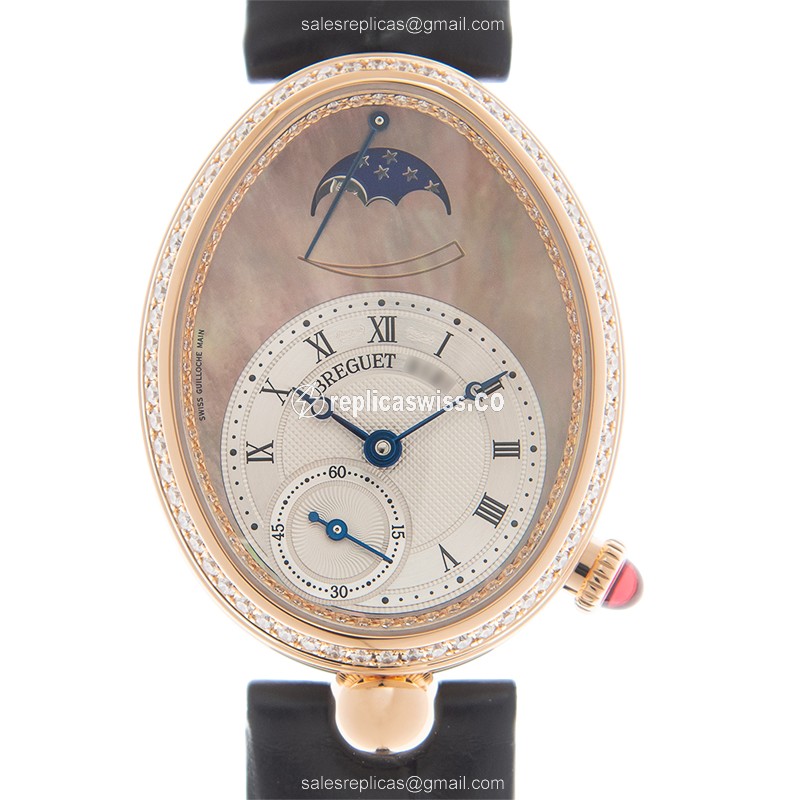 Breguet REINE DE NAPLES Replica - Automatic - 18kt Rose Gold Case - Diamond - Silver Dial - Black Alligator Strap