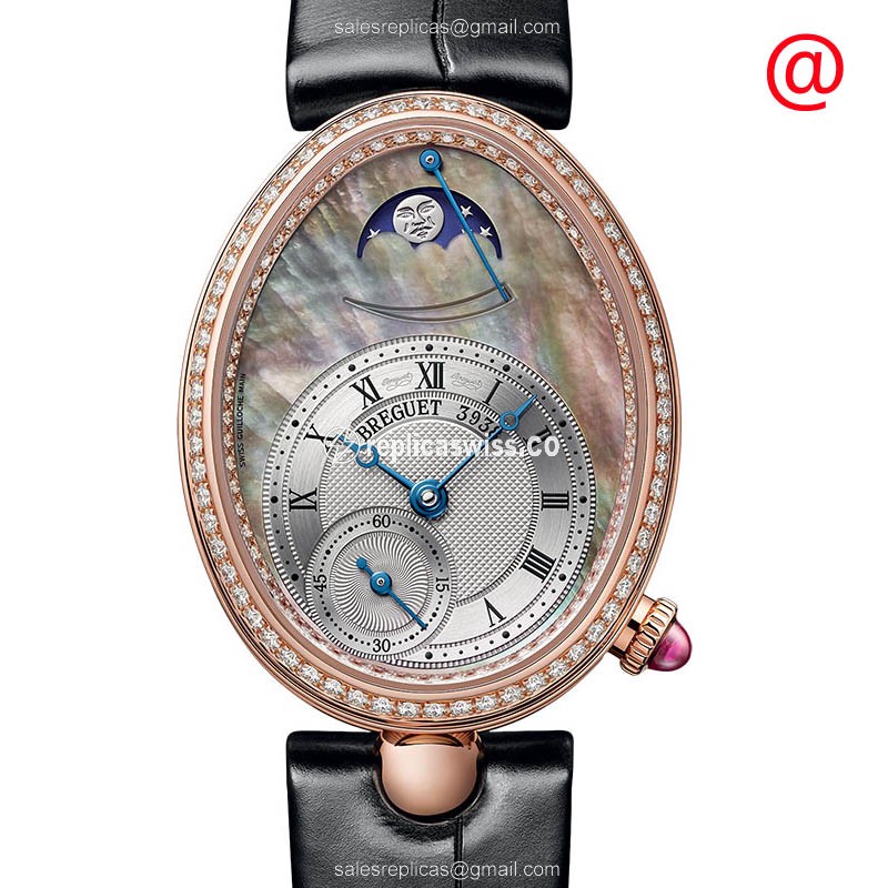 Breguet Reine De Naples Replica - Automatic - 18kt Rose Gold - Diamonds - Silver Dial - Alligator Black Strap - Luxury Replica REINE DE NAPLES Watch