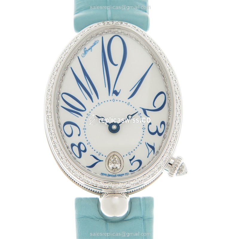 Breguet 8918BB/28/964/D00D Replica - Automatic - White Gold - Diamond Dial - Blue Alligator Strap