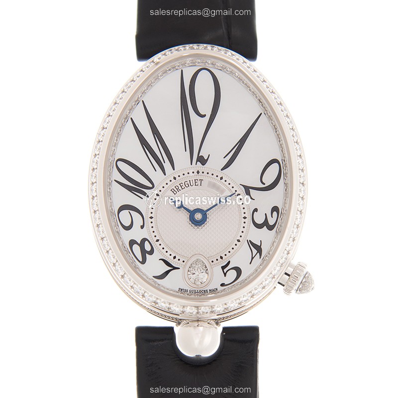 Breguet REINE DE NAPLES Replica - Automatic - 18kt White Gold - Diamond Dial - Black Alligator Strap - Luxury Replica REINE DE NAPLES Watch