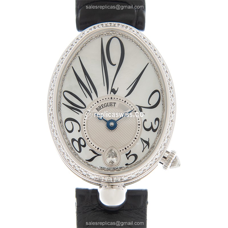 Breguet REINE DE NAPLES Replica - Automatic - 18kt White Gold - Diamond - White Dial - Black Alligator Strap - Luxury Replica REINE DE NAPLES Watch