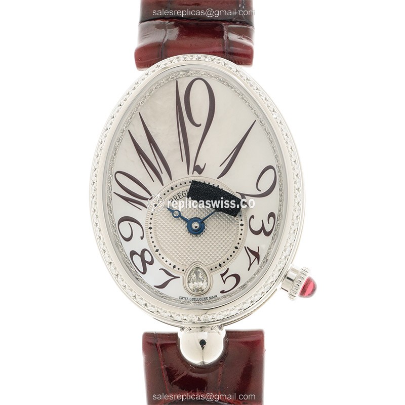 Breguet REINE DE NAPLES Replica - Automatic - 18kt White Gold - Diamond - White Dial - Red Alligator Strap - Luxury Replica REINE DE NAPLES Watch