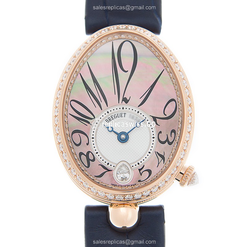 Breguet REINE DE NAPLES Replica - 18kt Rose Gold - Diamonds - Brown Dial - Blue Alligator Strap - Luxury Replica REINE DE NAPLES Watch