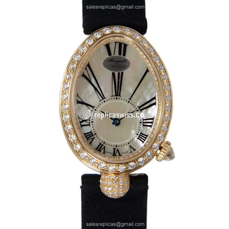 Breguet REINE DE NAPLES Replica - Automatic - 18kt Gold - Diamond - White Dial - Black Satin Strap - Luxury Replica REINE DE NAPLES Watch