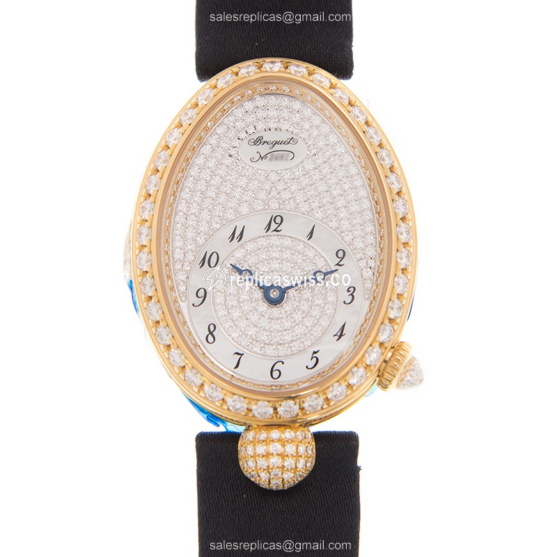 Breguet REINE DE NAPLES Replica - Auto 18kt Gold - Diamond Silver Dial - Silk Black Strap