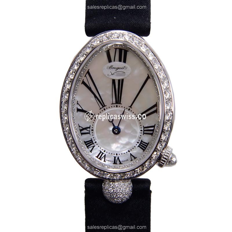 Automatic Breguet 8928BB/51/844/DD0D - White Gold Case - Diamond - White Dial - Satin Black Strap - Luxury Replica REINE DE NAPLES Watch