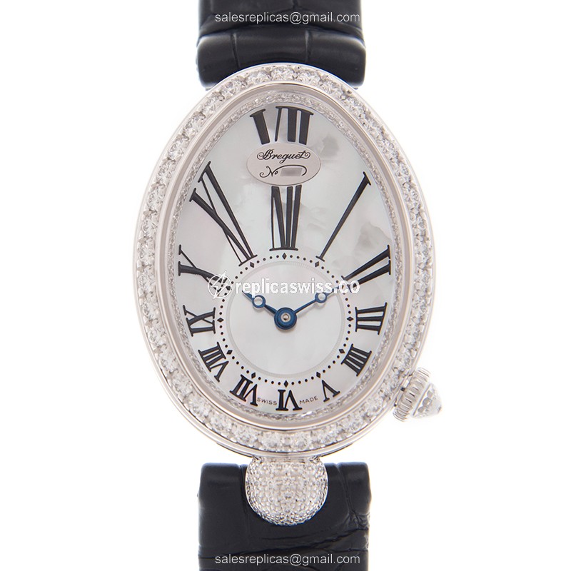 Breguet REINE DE NAPLES 8928BB/51/944/DD0D - Auto 18kt White Gold - Diamond Bezel - White Dial - Black Leather Strap - Luxury Replica REINE DE NAPLES Watch