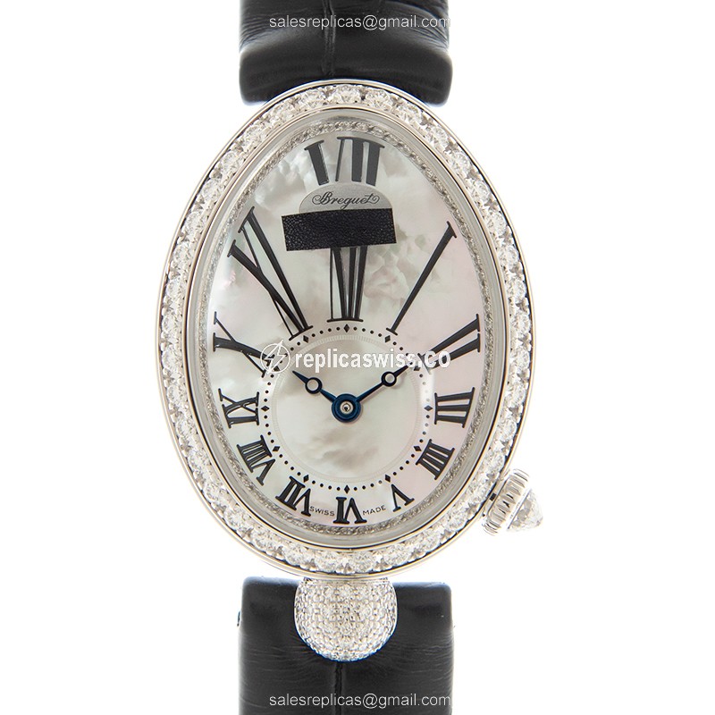 Breguet REINE DE NAPLES Replica - Automatic - 18kt White Gold - Diamond - White Dial - Black Alligator Strap - Luxury Replica REINE DE NAPLES Watch