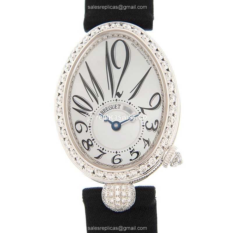 Breguet Reine de Naples Replica - Automatic - 18kt White Gold - Diamond Dial - Black Satin Strap - Luxury Replica REINE DE NAPLES Watch