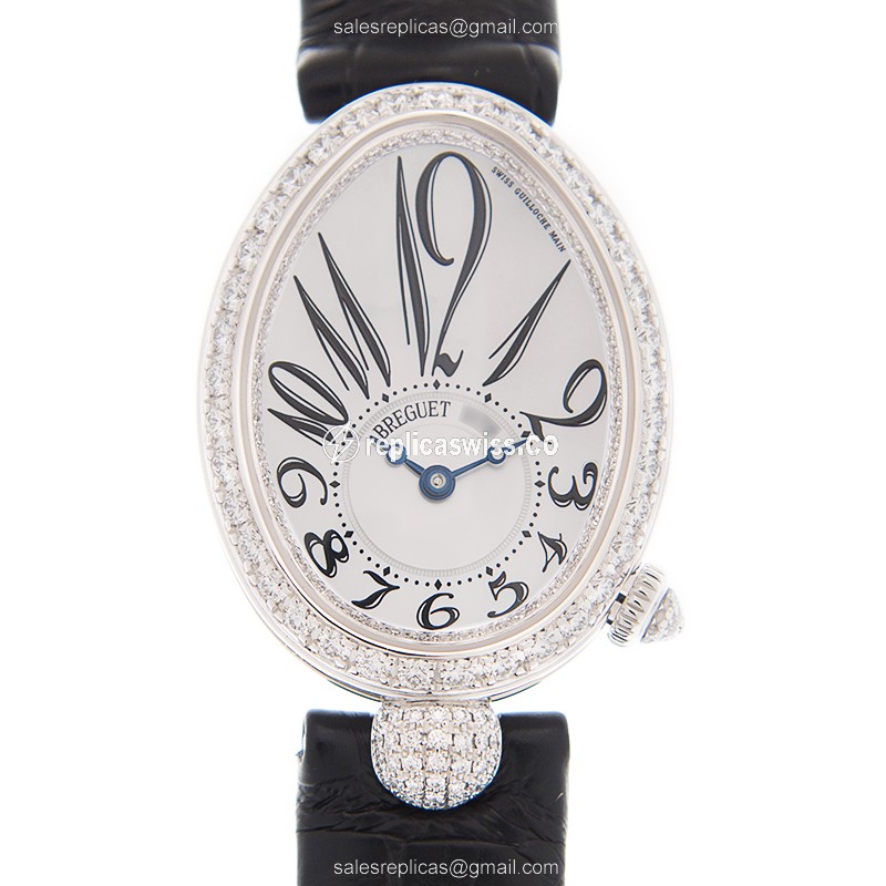 Breguet Reine De Naples Replica - Automatic - 18kt White Gold - Diamond - White Dial - Leather Strap - Black - Luxury Replica REINE DE NAPLES Watch