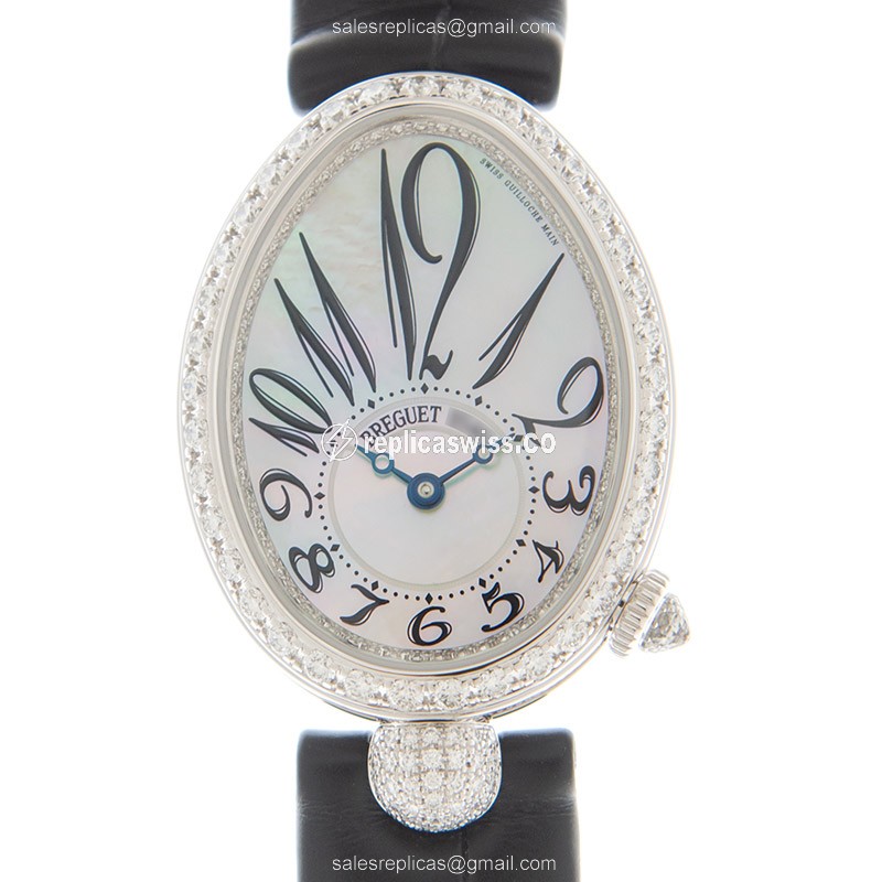 Breguet REINE DE NAPLES Replica - Auto - 18kt White Gold - Diamond - White Dial - Black Leather Strap - Luxury Replica REINE DE NAPLES Watch
