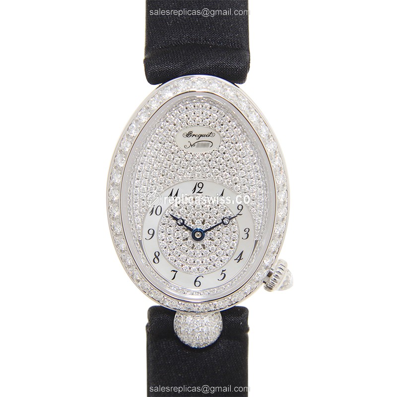 Breguet REINE DE NAPLES Replica - Auto - 18kt White Gold - Diamond - Silver Dial - Black Satin Strap - Luxury Replica REINE DE NAPLES Watch