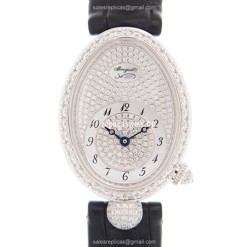 Breguet REINE DE NAPLES Replica - Automatic - 18kt White Gold - Diamond - Silver Dial - Leather Black Strap - Luxury Replica REINE DE NAPLES Watch