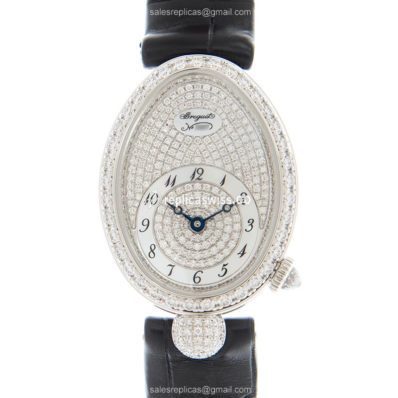 Breguet 8928BB/8D/944/DD0D/3L Replica - Automatic - 18kt White Gold - Diamond Set - Silver Dial - Black Leather Strap - Luxury Replica REINE DE NAPLES Watch