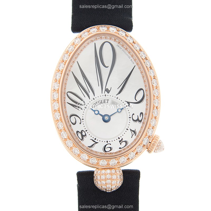 Breguet REINE DE NAPLES Replica - Auto - 18kt Rose Gold - White Dial - Diamond Accents - Black Satin - Luxury Replica REINE DE NAPLES Watch