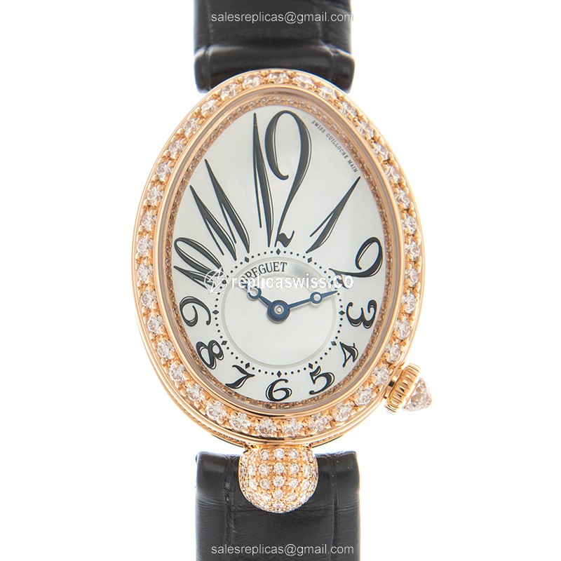 Breguet 8928BR/5W/944/DD0D3L Replica - Automatic - 18kt Rose Gold - Diamond Dial - White - Leather Strap - Luxury Replica REINE DE NAPLES Watch