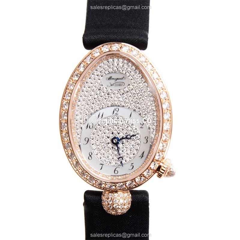 Breguet Reine De Naples Replica - Automatic - 18kt Rose Gold - Diamonds - Silver Dial - Black Fabric Strap - Luxury Replica REINE DE NAPLES Watch