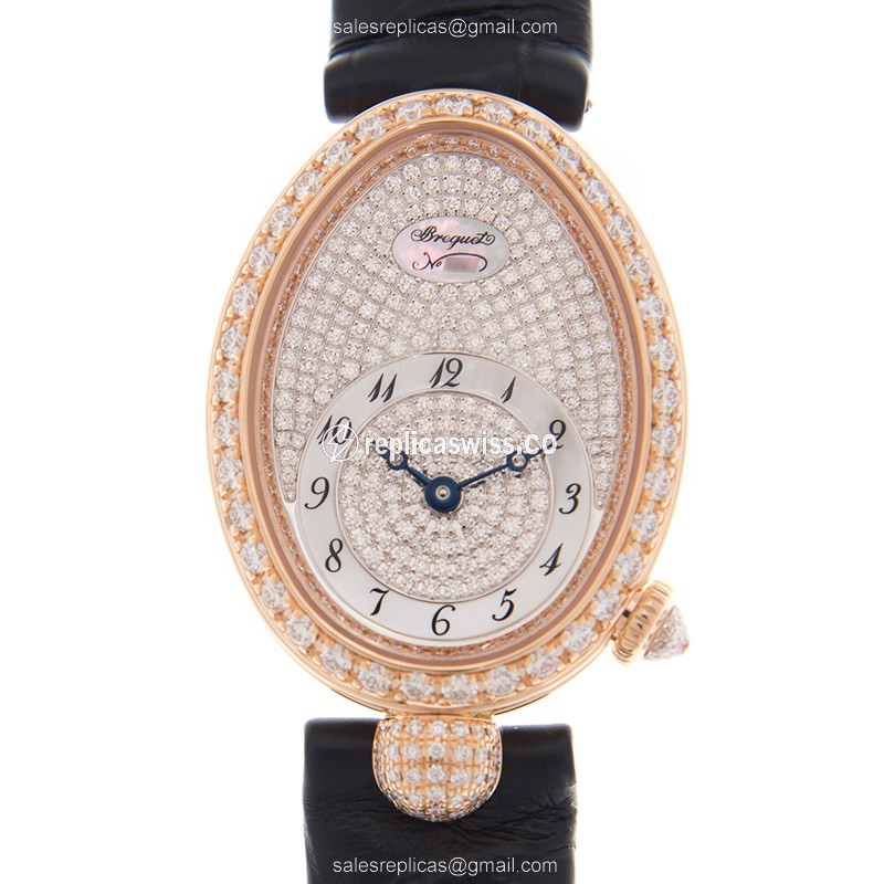 Breguet REINE DE NAPLES Replica - Automatic - 18kt Rose Gold - Diamond Dial - Silver - Leather Strap