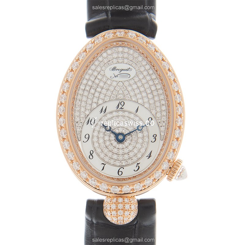Breguet Reine De Naples Replica - Automatic - 18kt Rose Gold - Diamonds - Silver Dial - Alligator Black - Luxury Replica REINE DE NAPLES Watch