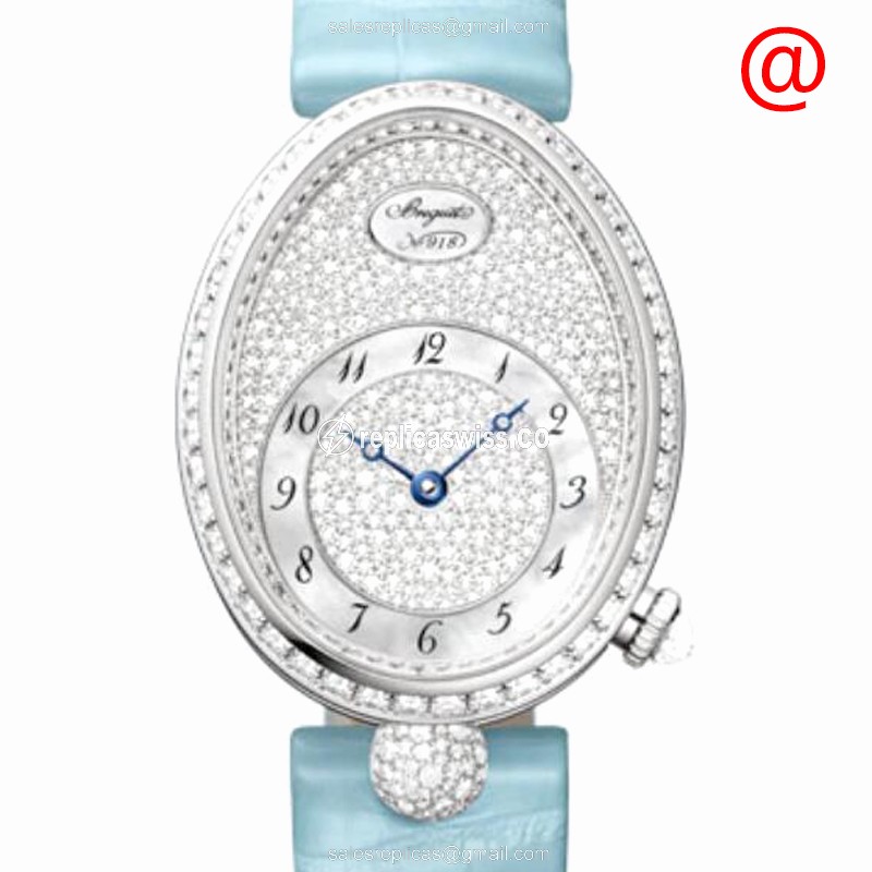 Breguet 8938BB/8D/964 REINE DE NAPLES - Auto - 18kt White Gold - Diamond - Silver Dial - Blue Alligator Buckle - Luxury Replica REINE DE NAPLES Watch
