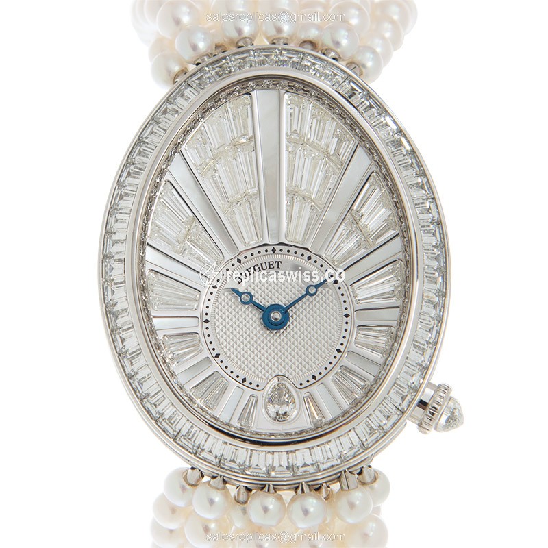 Breguet Reine de Naples Replica - Automatic - 18kt White Gold - Diamond - Silver Dial - White Pearl Strap - Luxury Replica REINE DE NAPLES Watch
