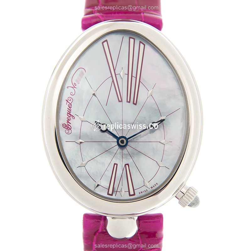Breguet Reine De Naples Replica - Automatic - White Dial - Pink Alligator Strap