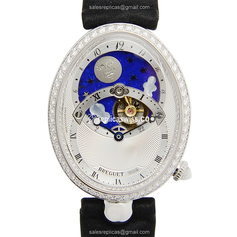 Breguet REINE DE NAPLES Replica - Auto - 18kt White Gold - Diamond Dial - Black Silk Strap