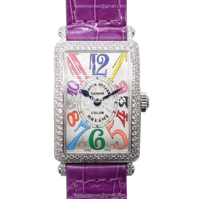 Franck Muller 902 QZ COL DRM D LONG ISLAND Quartz 18kt White Gold Diamond Silver Dial Buckle Purple Alligator Strap