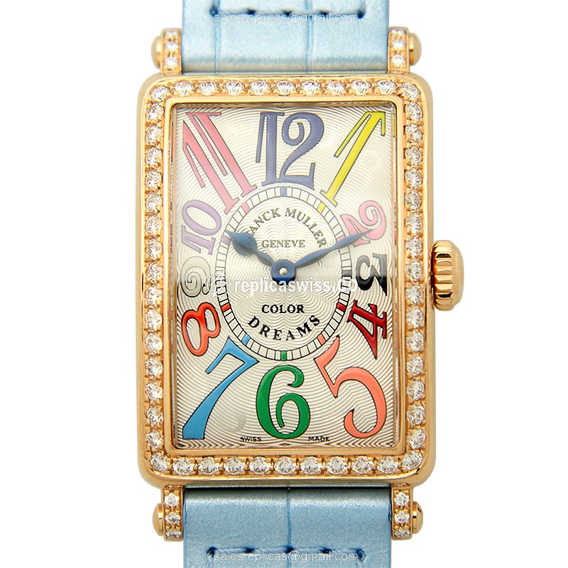 Franck Muller LONG ISLAND Replica - Quartz - 18kt Rose Gold - Diamond Case - Silver Dial - Blue Alligator Strap
