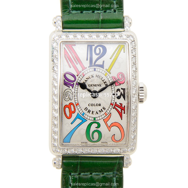 Franck Muller LONG ISLAND Quartz - Silver Dial - Diamond - Buckle Clasp - Alligator Green Strap