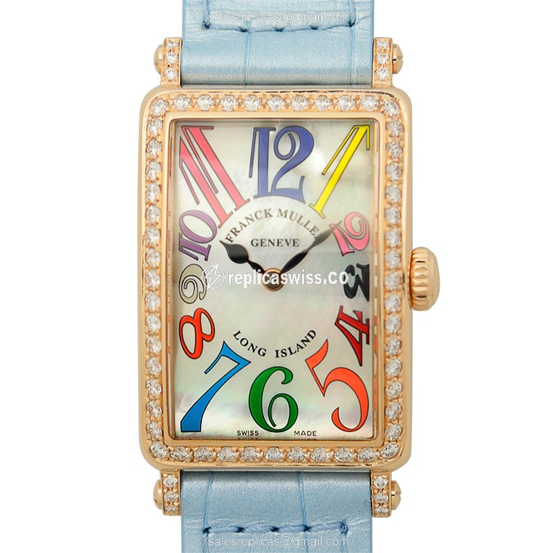 Franck Muller 902 QZ COL DRM MOP D 1R 5N Replica - Quartz - Rose Gold - Diamond Case - White Dial on Blue Alligator Strap