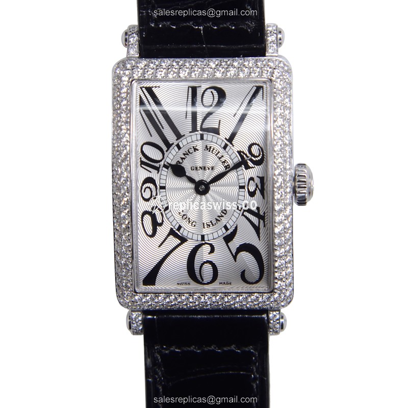Franck Muller 902 QZ D Replica - Quartz - 18kt White Gold - Diamond Dial - Silver - Alligator Black Buckle
