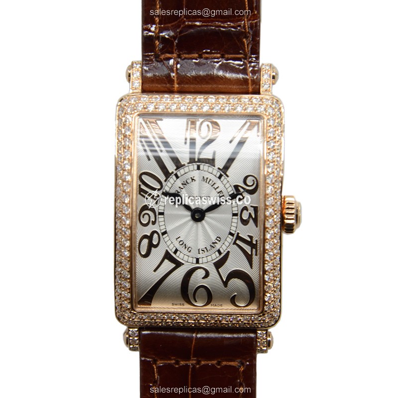 Franck Muller 902 QZ D REL LONG ISLAND Quartz 18kt Rose Gold Diamonds - Silver Dial Buckle Brown Alligator Strap - Luxury Replica LONG ISLAND Watch