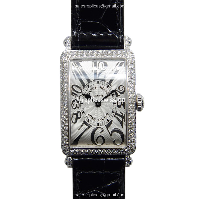Franck Muller 902 QZ REL D OG Replica - Quartz - 18kt White Gold - Diamond - Silver Dial - Alligator Black Strap - Luxury Replica LONG ISLAND Watch