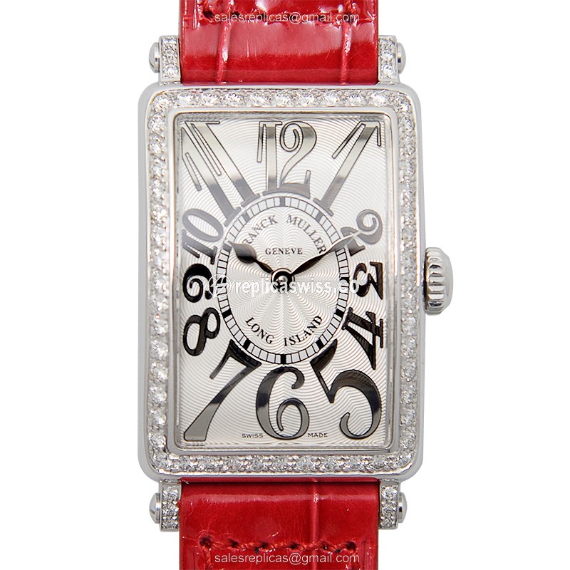 Franck Muller 902 QZ REL D 1R AC Replica - Quartz - Stainless Steel - Diamonds, Silver Dial, Red Alligator Buckle