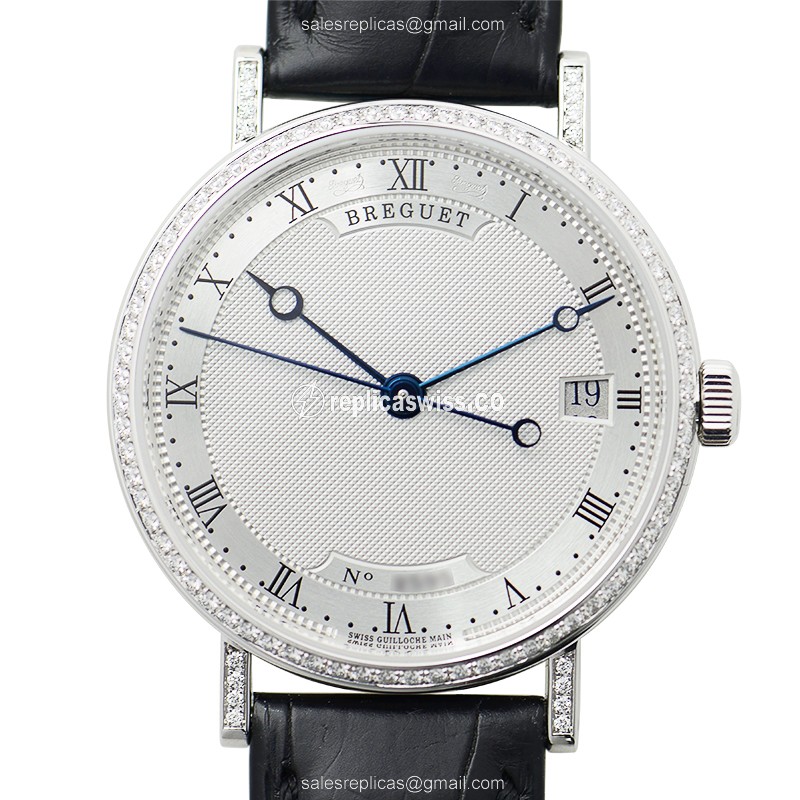 Breguet 9068BB/12/976/DD00 Replica - Automatic - White Gold - Diamond Dial - Silver - Black Alligator Strap