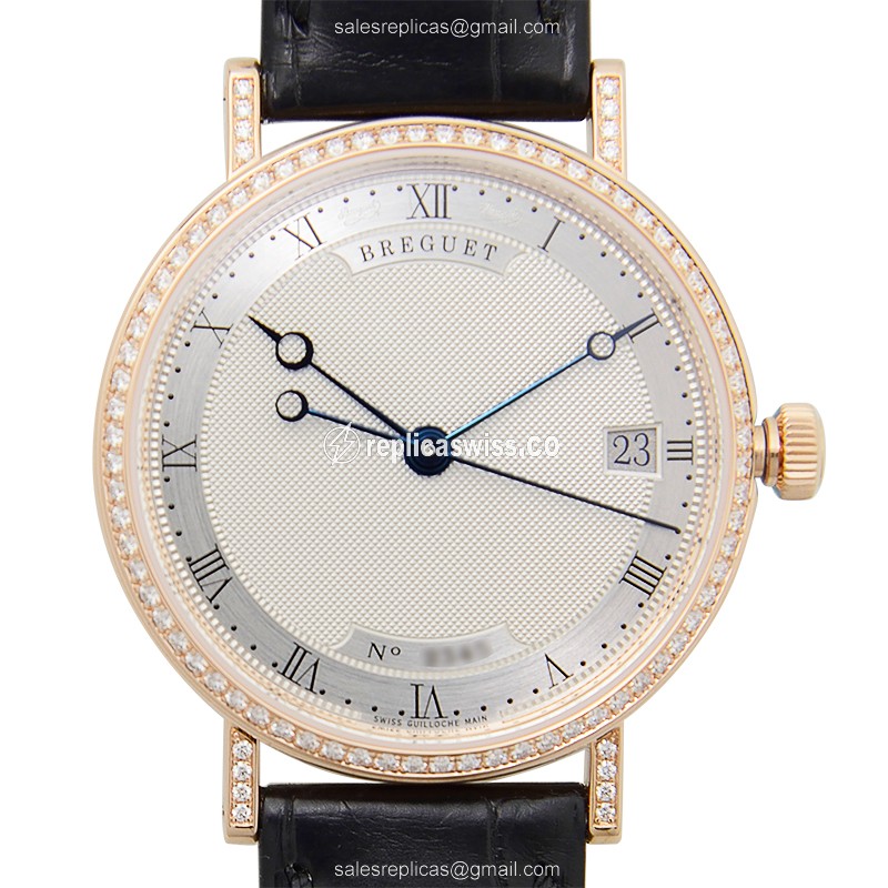 Breguet 9068BR/12/976/DD00 Replica - Automatic - 18kt Rose Gold - Diamond Set - Silver Dial - Brown Alligator Strap