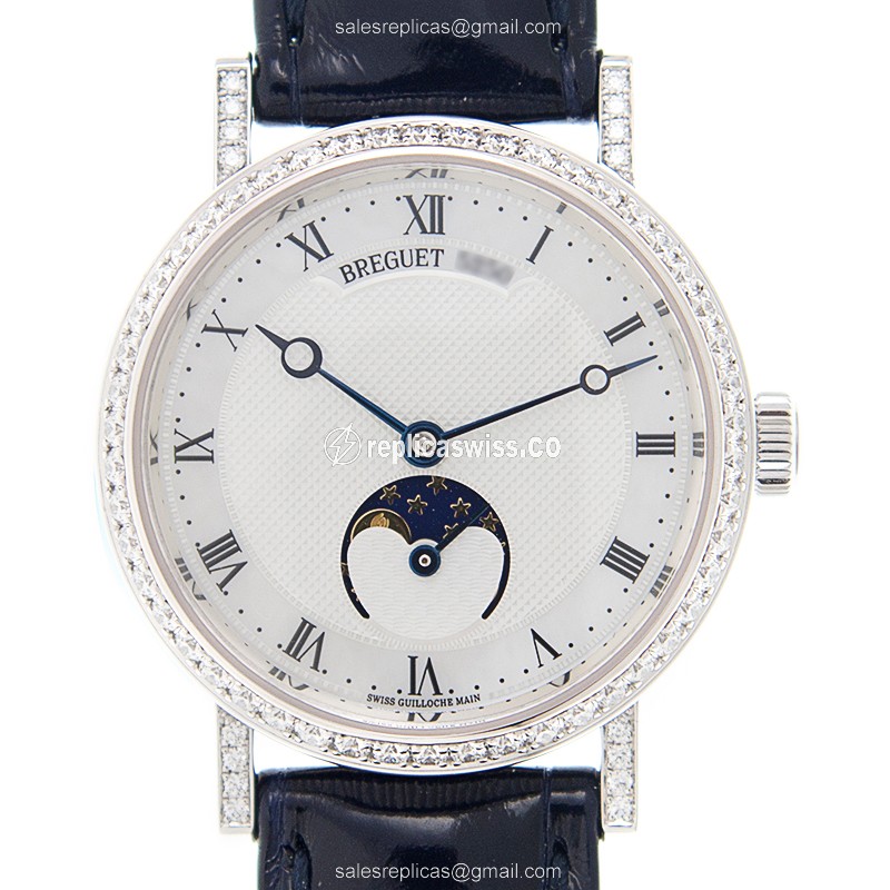 Breguet 9088BB/52/964/DD0D Replica - Automatic - 18kt White Gold - Diamond Set - Silver Dial - Blue Alligator Strap