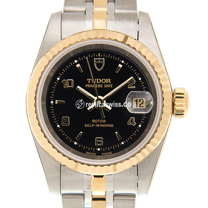 Tudor Princess Date 92413-62433AR-BK - Auto 18kt Gold & Steel Case - Black Dial - Gold Strap
