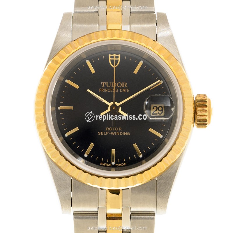 Automatic Tudor Princess Date - 18kt Gold & Steel - Black Dial, Gold Strap